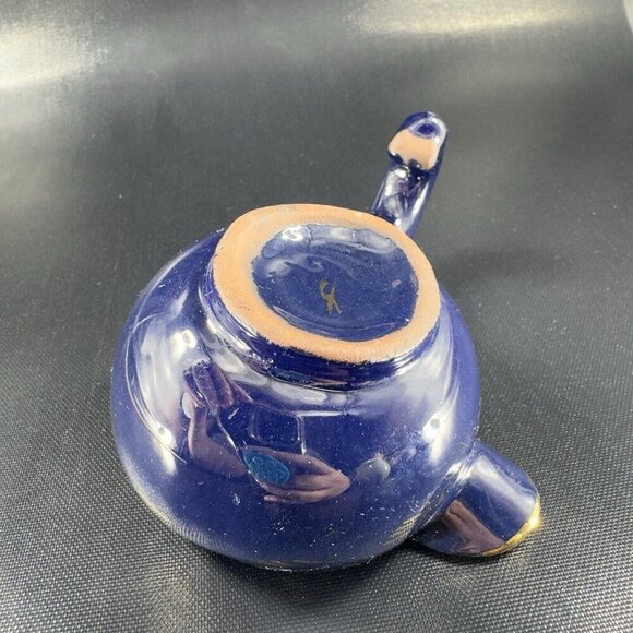 Vintage Pottery RedWare Pitcher Gravy Boat W Handle Hand Painted Cobalt Blue VTG - Picture 10 of 15